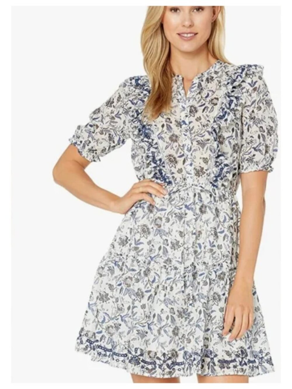 Lucky Brand Blue Floral Ruffle Cotton Mini Dress Short Sleeve Boho Dress Size S